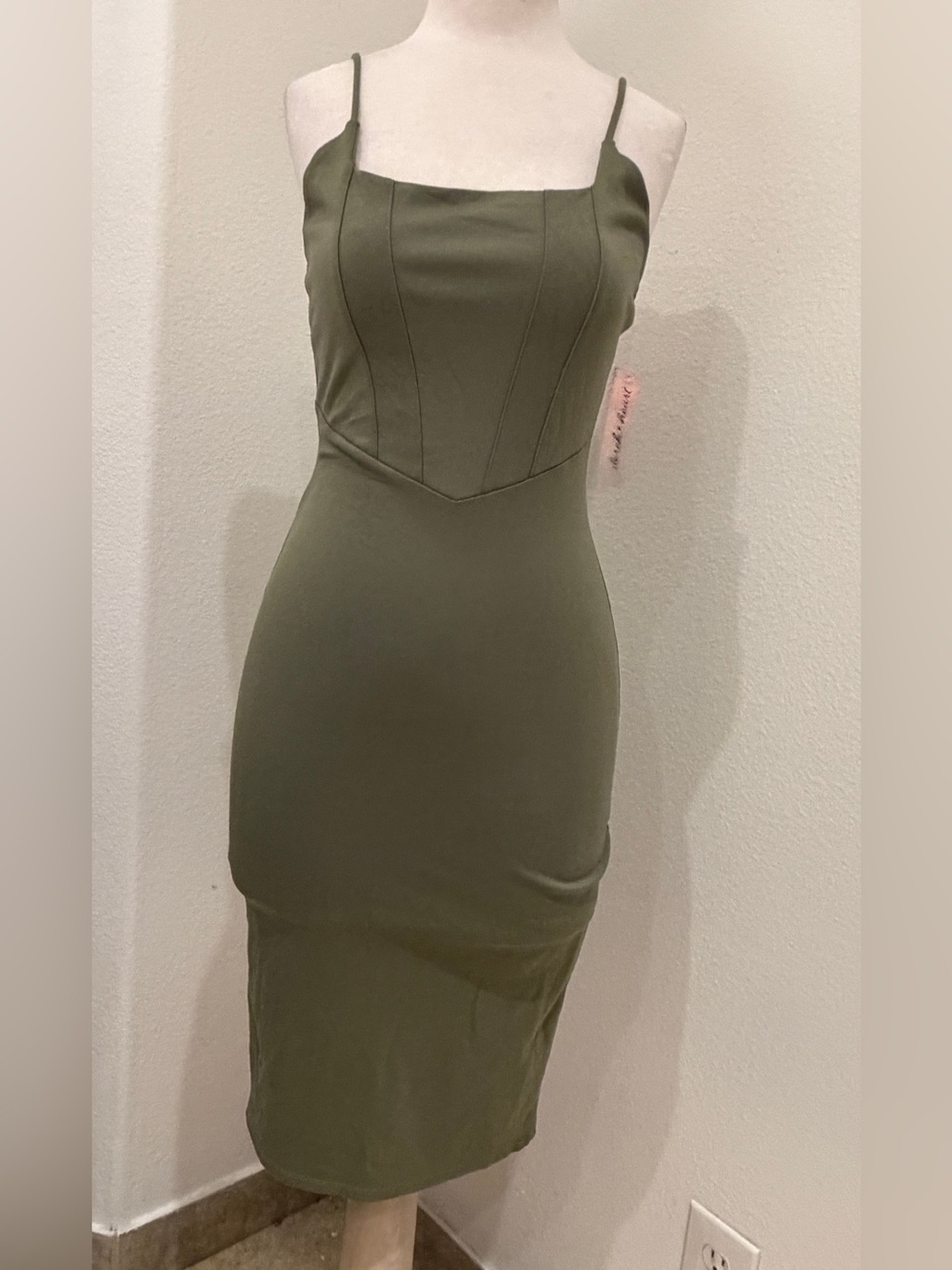 Derek Heart Olive Midi Bodycon Dress with Spaghetti Straps